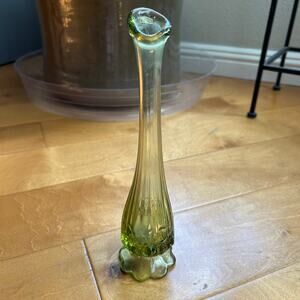 Fenton Colonial Green Floral Design Swung Glass Vase 10”